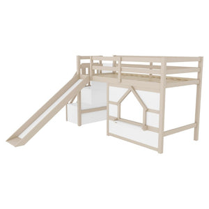 English Elm Kids Pine Wood Twin Loft Bed with Slide Playhouse Window and LED Strip Lights Beige, White W697S00050