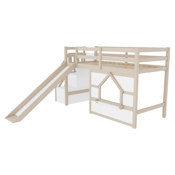 English Elm Kids Pine Wood Twin Loft Bed with Slide Playhouse Window and LED Strip Lights Beige, White W697S00050