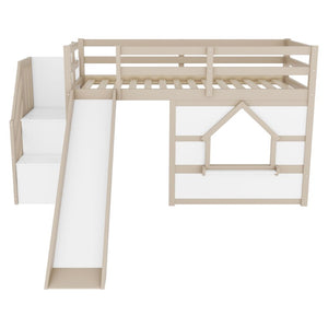 English Elm Kids Pine Wood Twin Loft Bed with Slide Playhouse Window and LED Strip Lights Beige, White W697S00050