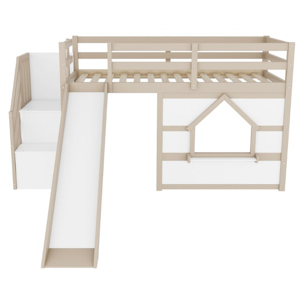 English Elm Kids Pine Wood Twin Loft Bed with Slide Playhouse Window and LED Strip Lights Beige, White W697S00050