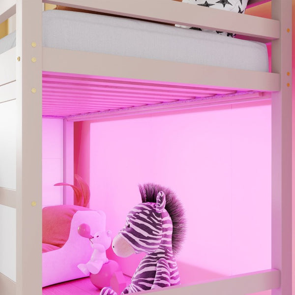 English Elm Kids Pine Wood Twin Loft Bed with Slide Playhouse Window and LED Strip Lights Beige, White W697S00050