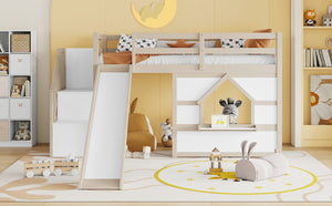 English Elm Kids Pine Wood Twin Loft Bed with Slide Playhouse Window and LED Strip Lights Beige, White W697S00050