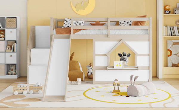 English Elm Kids Pine Wood Twin Loft Bed with Slide Playhouse Window and LED Strip Lights Beige, White W697S00050