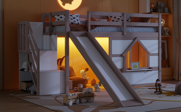 English Elm Kids Pine Wood Twin Loft Bed with Slide Playhouse Window and LED Strip Lights Beige, White W697S00050