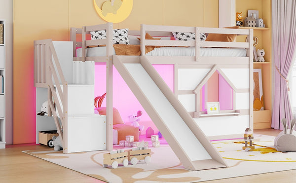 English Elm Kids Pine Wood Twin Loft Bed with Slide Playhouse Window and LED Strip Lights Beige, White W697S00050