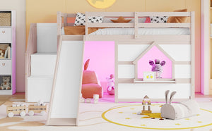English Elm Kids Pine Wood Twin Loft Bed with Slide Playhouse Window and LED Strip Lights Beige, White W697S00050