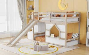 English Elm Kids Pine Wood Twin Loft Bed with Slide Playhouse Window and LED Strip Lights Beige, White W697S00050
