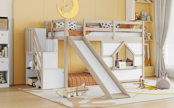 English Elm Kids Pine Wood Twin Loft Bed with Slide Playhouse Window and LED Strip Lights Beige, White W697S00050