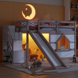 English Elm Kids Pine Wood Twin Loft Bed with Slide Playhouse Window and LED Strip Lights Beige, White W697S00050