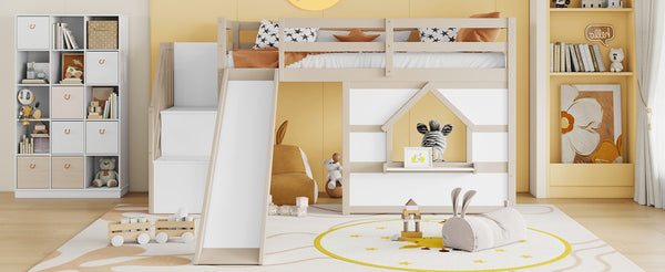 English Elm Kids Pine Wood Twin Loft Bed with Slide Playhouse Window and LED Strip Lights Beige, White W697S00050