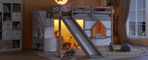 English Elm Kids Pine Wood Twin Loft Bed with Slide Playhouse Window and LED Strip Lights Beige, White W697S00050