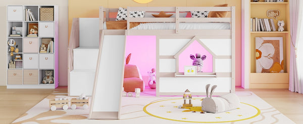 English Elm Kids Pine Wood Twin Loft Bed with Slide Playhouse Window and LED Strip Lights Beige, White W697S00050