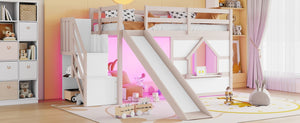 English Elm Kids Pine Wood Twin Loft Bed with Slide Playhouse Window and LED Strip Lights Beige, White W697S00050