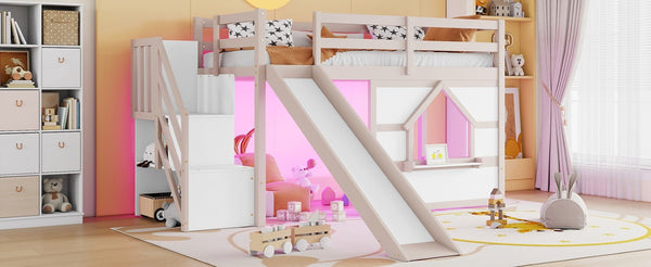 English Elm Kids Pine Wood Twin Loft Bed with Slide Playhouse Window and LED Strip Lights Beige, White W697S00050