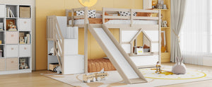 English Elm Kids Pine Wood Twin Loft Bed with Slide Playhouse Window and LED Strip Lights Beige, White W697S00050