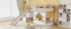English Elm Kids Pine Wood Twin Loft Bed with Slide Playhouse Window and LED Strip Lights Beige, White W697S00050