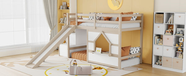 English Elm Kids Pine Wood Twin Loft Bed with Slide Playhouse Window and LED Strip Lights Beige, White W697S00050
