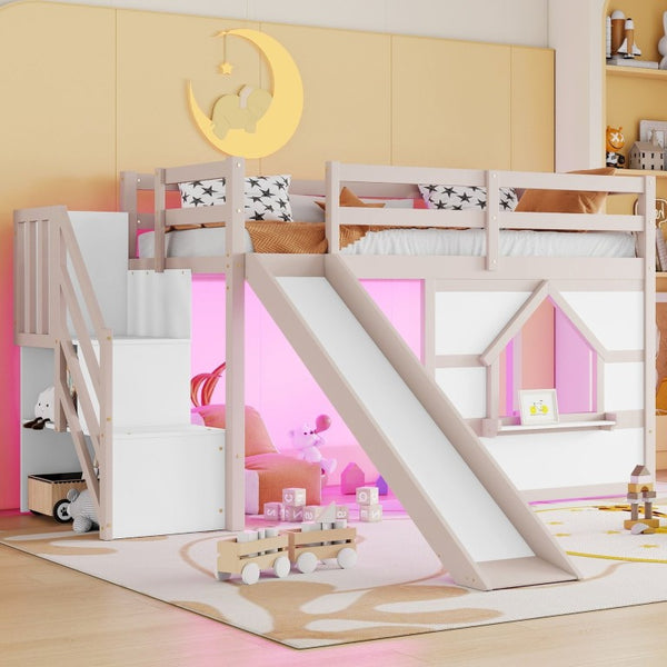 English Elm Kids Pine Wood Twin Loft Bed with Slide Playhouse Window and LED Strip Lights Beige, White W697S00050