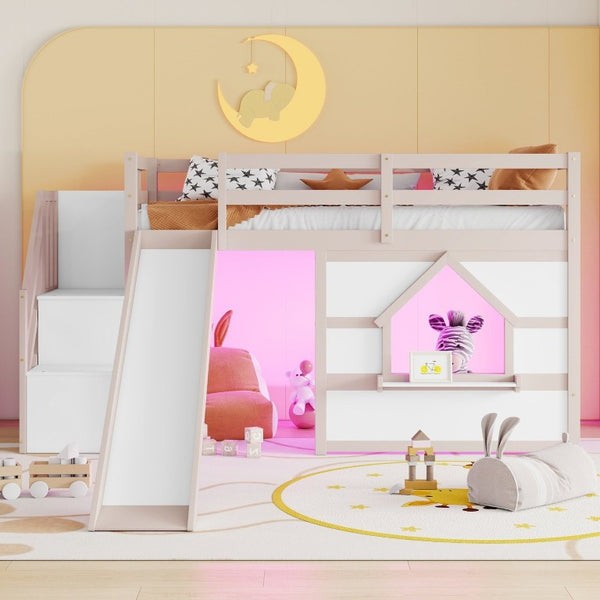English Elm Kids Pine Wood Twin Loft Bed with Slide Playhouse Window and LED Strip Lights Beige, White W697S00050
