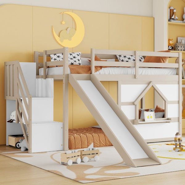 English Elm Kids Pine Wood Twin Loft Bed with Slide Playhouse Window and LED Strip Lights Beige, White W697S00050