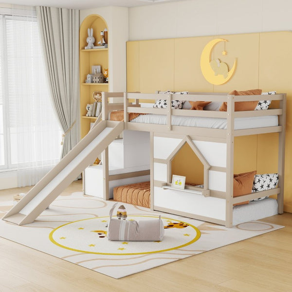 English Elm Kids Pine Wood Twin Loft Bed with Slide Playhouse Window and LED Strip Lights Beige, White W697S00050
