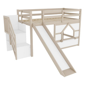 English Elm Kids Pine Wood Twin Loft Bed with Slide Playhouse Window and LED Strip Lights Beige, White W697S00050