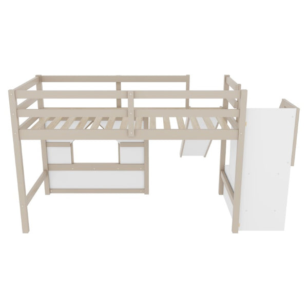 English Elm Kids Pine Wood Twin Loft Bed with Slide Playhouse Window and LED Strip Lights Beige, White W697S00050