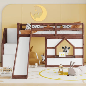 English Elm Twin Over Full Pine Bunk Bed with Playhouse Roof Slide and Storage Staircase Walnut/White 94.3 L x 91.9 W x 50.6 H W697S00051