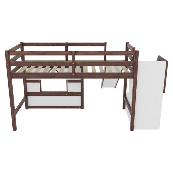 English Elm Twin Over Full Pine Bunk Bed with Playhouse Roof Slide and Storage Staircase Walnut/White 94.3 L x 91.9 W x 50.6 H W697S00051