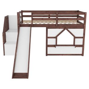 English Elm Twin Over Full Pine Bunk Bed with Playhouse Roof Slide and Storage Staircase Walnut/White 94.3 L x 91.9 W x 50.6 H W697S00051