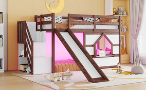 English Elm Twin Over Full Pine Bunk Bed with Playhouse Roof Slide and Storage Staircase Walnut/White 94.3 L x 91.9 W x 50.6 H W697S00051
