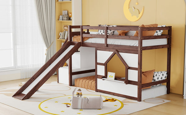 English Elm Twin Over Full Pine Bunk Bed with Playhouse Roof Slide and Storage Staircase Walnut/White 94.3 L x 91.9 W x 50.6 H W697S00051