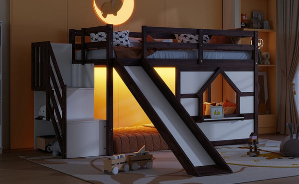 English Elm Twin Over Full Pine Bunk Bed with Playhouse Roof Slide and Storage Staircase Walnut/White 94.3 L x 91.9 W x 50.6 H W697S00051