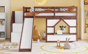 English Elm Twin Over Full Pine Bunk Bed with Playhouse Roof Slide and Storage Staircase Walnut/White 94.3 L x 91.9 W x 50.6 H W697S00051