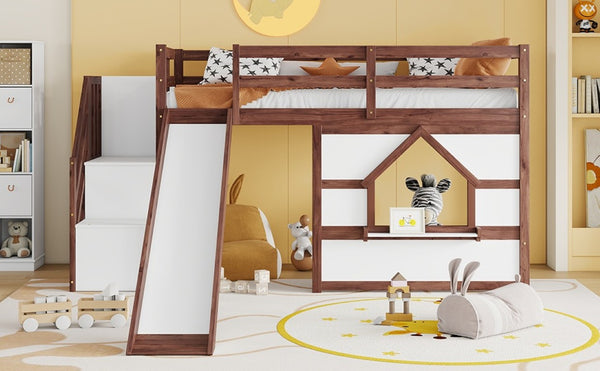 English Elm Twin Over Full Pine Bunk Bed with Playhouse Roof Slide and Storage Staircase Walnut/White 94.3 L x 91.9 W x 50.6 H W697S00051