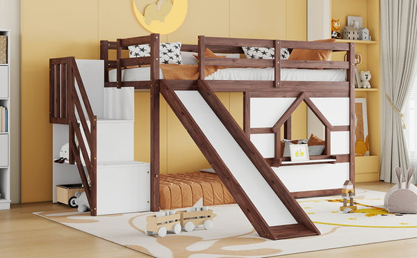 English Elm Twin Over Full Pine Bunk Bed with Playhouse Roof Slide and Storage Staircase Walnut/White 94.3 L x 91.9 W x 50.6 H W697S00051