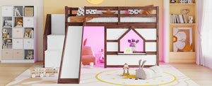 English Elm Twin Over Full Pine Bunk Bed with Playhouse Roof Slide and Storage Staircase Walnut/White 94.3 L x 91.9 W x 50.6 H W697S00051