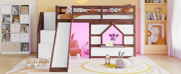 English Elm Twin Over Full Pine Bunk Bed with Playhouse Roof Slide and Storage Staircase Walnut/White 94.3 L x 91.9 W x 50.6 H W697S00051