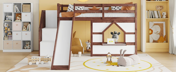 English Elm Twin Over Full Pine Bunk Bed with Playhouse Roof Slide and Storage Staircase Walnut/White 94.3 L x 91.9 W x 50.6 H W697S00051