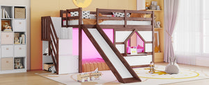 English Elm Twin Over Full Pine Bunk Bed with Playhouse Roof Slide and Storage Staircase Walnut/White 94.3 L x 91.9 W x 50.6 H W697S00051