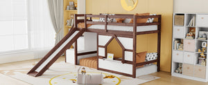 English Elm Twin Over Full Pine Bunk Bed with Playhouse Roof Slide and Storage Staircase Walnut/White 94.3 L x 91.9 W x 50.6 H W697S00051