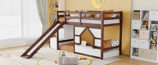 English Elm Twin Over Full Pine Bunk Bed with Playhouse Roof Slide and Storage Staircase Walnut/White 94.3 L x 91.9 W x 50.6 H W697S00051