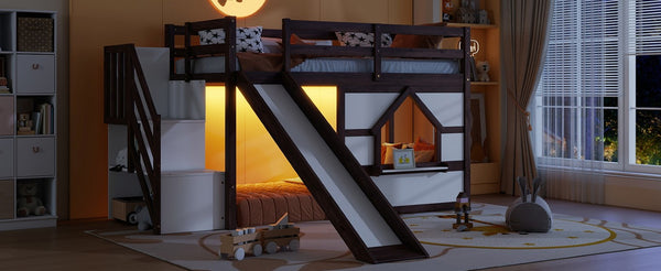English Elm Twin Over Full Pine Bunk Bed with Playhouse Roof Slide and Storage Staircase Walnut/White 94.3 L x 91.9 W x 50.6 H W697S00051