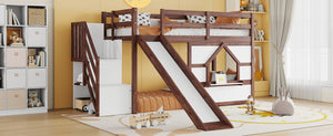 English Elm Twin Over Full Pine Bunk Bed with Playhouse Roof Slide and Storage Staircase Walnut/White 94.3 L x 91.9 W x 50.6 H W697S00051