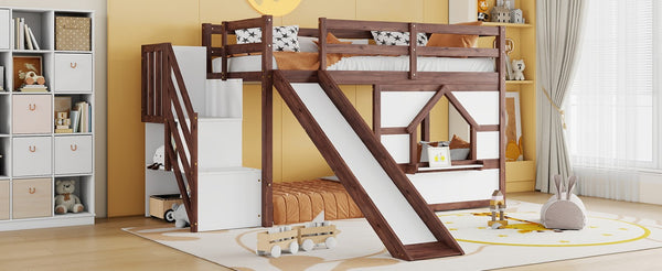 English Elm Twin Over Full Pine Bunk Bed with Playhouse Roof Slide and Storage Staircase Walnut/White 94.3 L x 91.9 W x 50.6 H W697S00051