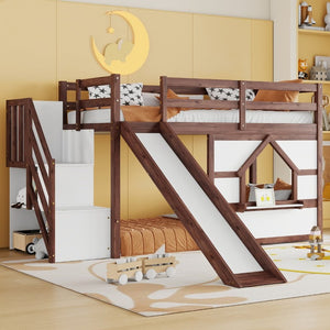 English Elm Twin Over Full Pine Bunk Bed with Playhouse Roof Slide and Storage Staircase Walnut/White 94.3 L x 91.9 W x 50.6 H W697S00051