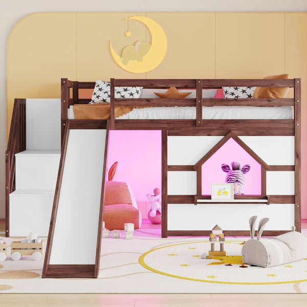 English Elm Twin Over Full Pine Bunk Bed with Playhouse Roof Slide and Storage Staircase Walnut/White 94.3 L x 91.9 W x 50.6 H W697S00051