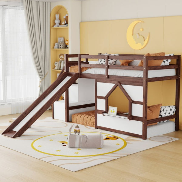 English Elm Twin Over Full Pine Bunk Bed with Playhouse Roof Slide and Storage Staircase Walnut/White 94.3 L x 91.9 W x 50.6 H W697S00051