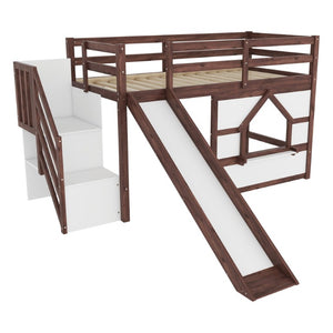 English Elm Twin Over Full Pine Bunk Bed with Playhouse Roof Slide and Storage Staircase Walnut/White 94.3 L x 91.9 W x 50.6 H W697S00051