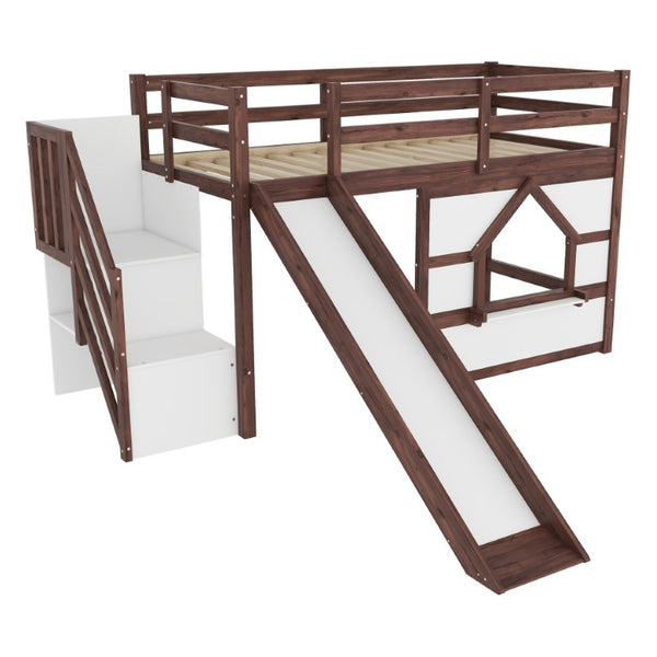 English Elm Twin Over Full Pine Bunk Bed with Playhouse Roof Slide and Storage Staircase Walnut/White 94.3 L x 91.9 W x 50.6 H W697S00051